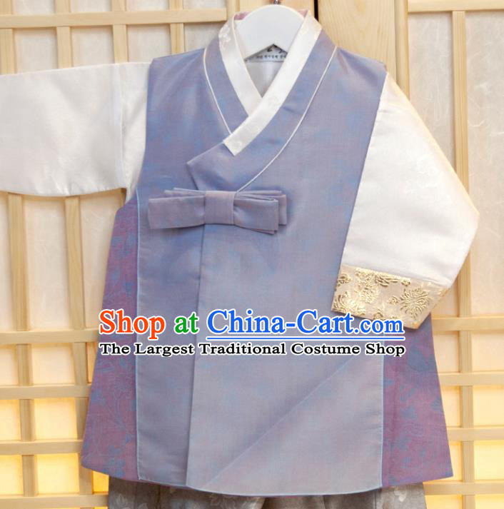 Korean Children Garment Lilac Vest White Shirt and Grey Pants Korea Boys Prince Birthday Hanbok Costumes Traditional Fashion Clothing