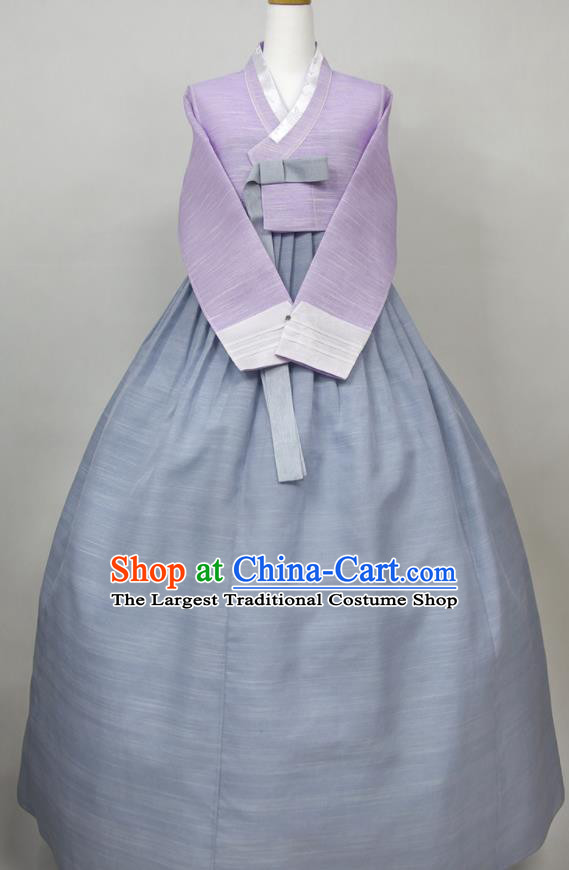 Korean Elderly Woman Classical Hanbok Lilac Blouse and Blue Dress Traditional Wedding Mother Clothing Korea Celebration Fashion Costumes