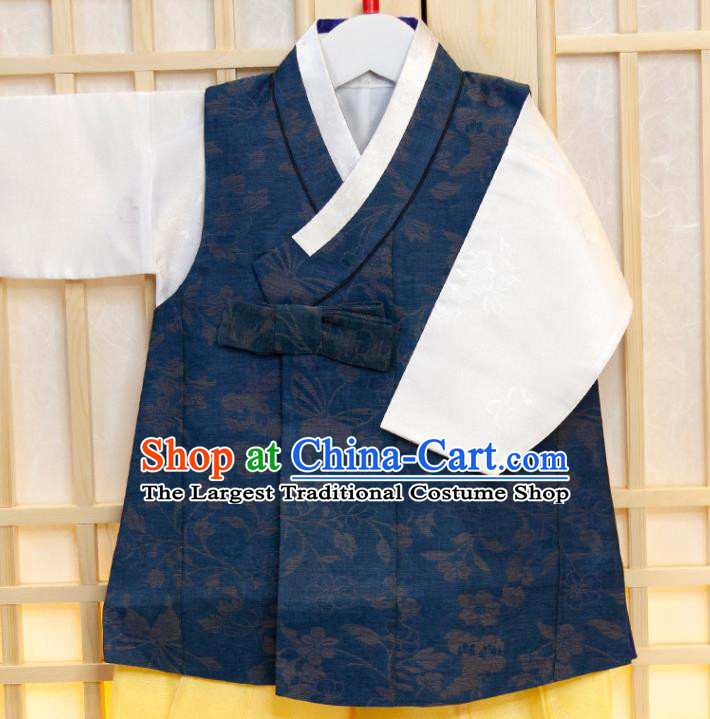 Korea Boys Prince Birthday Fashion Costumes Korean Traditional Hanbok Clothing Children Garment Navy Vest White Shirt and Yellow Pants