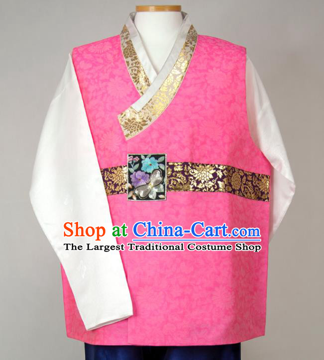 Korean Wedding Hanbok Korea Young Male Rosy Vest White Shirt and Navy Pants Traditional Festival Costumes Bridegroom Clothing