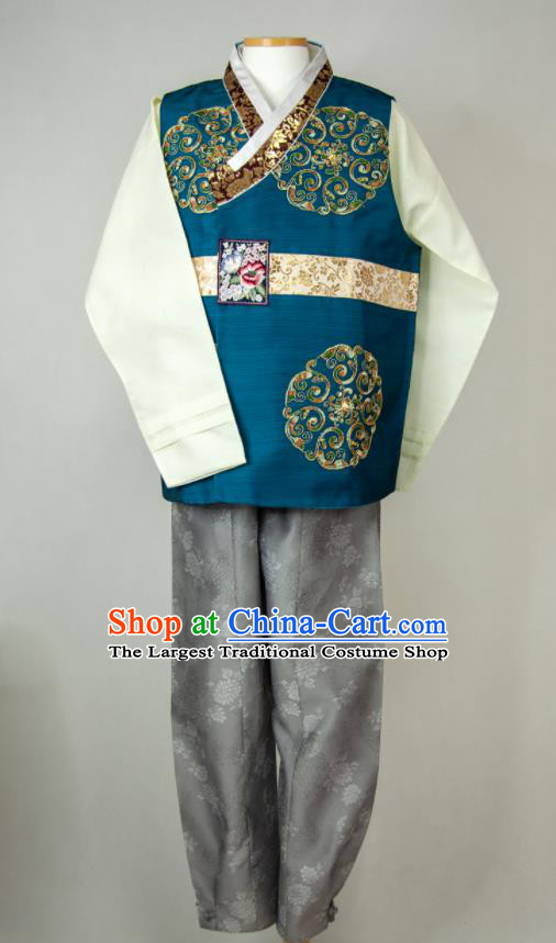 Korean Bridegroom Clothing Wedding Hanbok Korea Young Man Blue Vest Beige Shirt and Grey Pants Traditional Festival Costumes