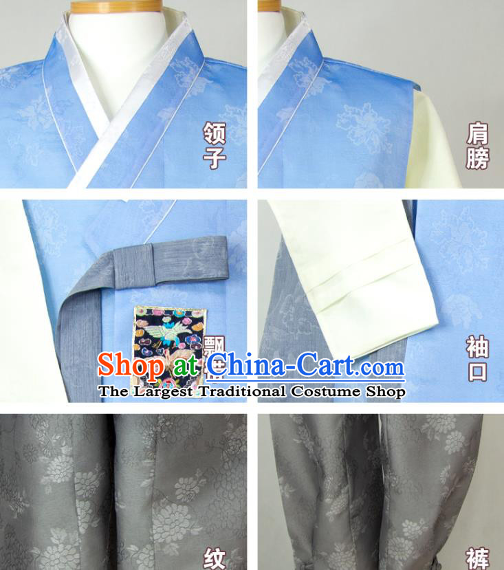 Korean Traditional Festival Costumes Korea Bridegroom Clothing Wedding Hanbok Young Man Blue Vest Beige Shirt and Grey Pants
