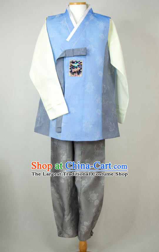 Korean Traditional Festival Costumes Korea Bridegroom Clothing Wedding Hanbok Young Man Blue Vest Beige Shirt and Grey Pants