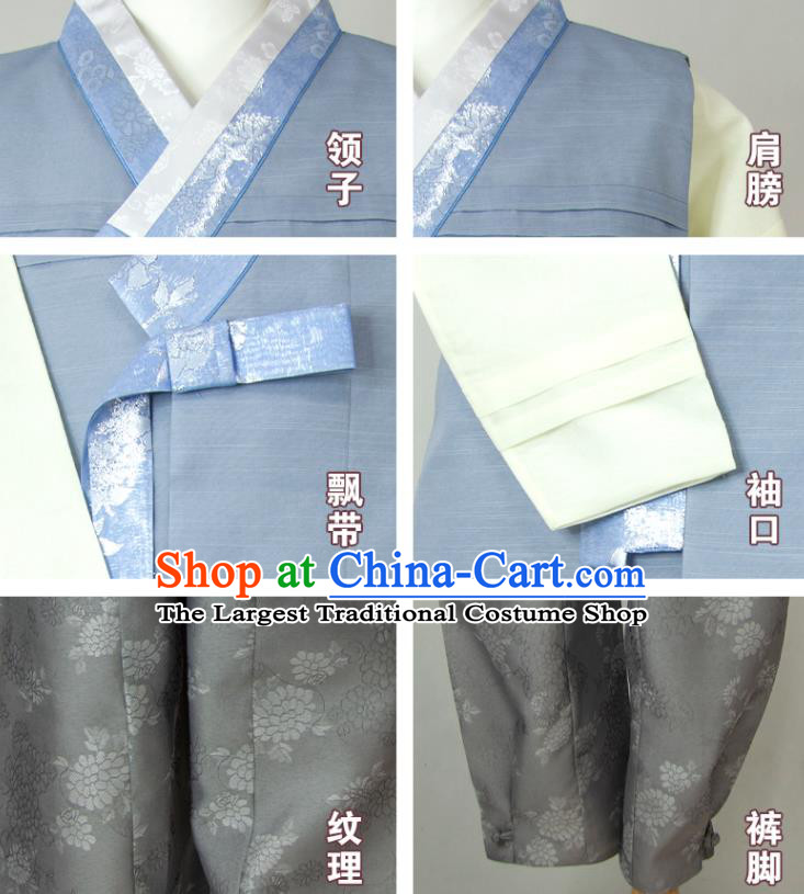 Korea Traditional Festival Costumes Bridegroom Clothing Korean Wedding Hanbok Young Man Blue Vest Beige Shirt and Grey Pants