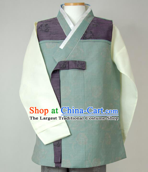 Korea Young Man Green Vest Beige Shirt and Grey Pants Korean Traditional Bridegroom Costumes Festival Clothing Wedding Hanbok