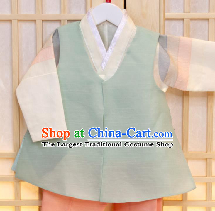 Korean Traditional Garment Costumes Hanbok Clothing Korea Boys Prince Birthday Fashion Children Green Vest White Shirt and Pink Pants