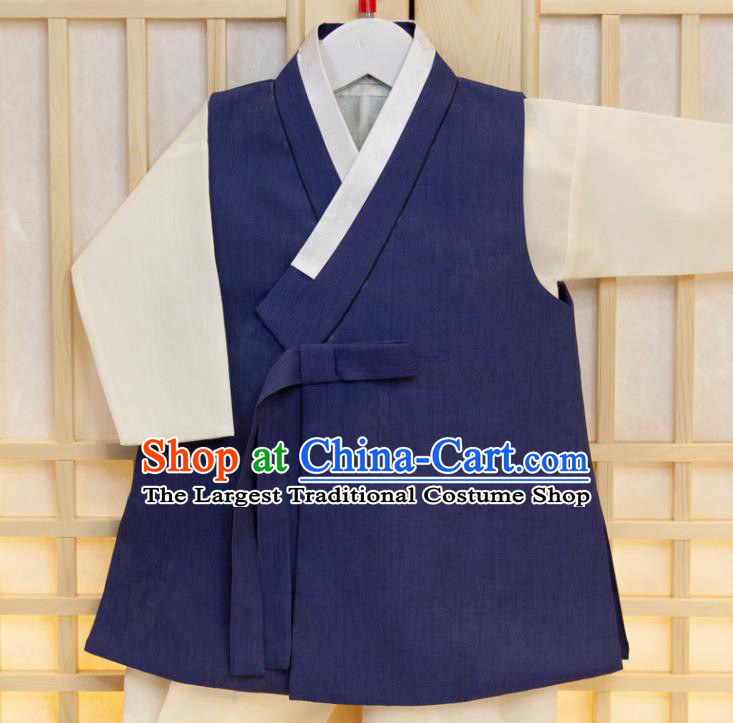 Korean Traditional Garment Costumes Hanbok Clothing Korea Boys Prince Fashion Children Festival Navy Vest Beige Shirt and Pants