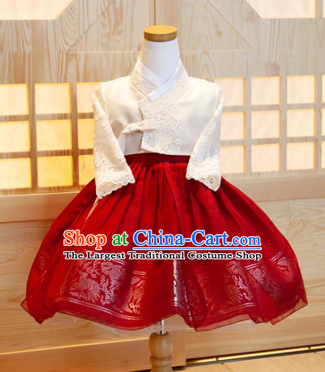 Korea Girl Princess Hanbok Clothing Korean Children Festival Fashion White Lace Shirt and Red Dress Traditional Garment Costumes