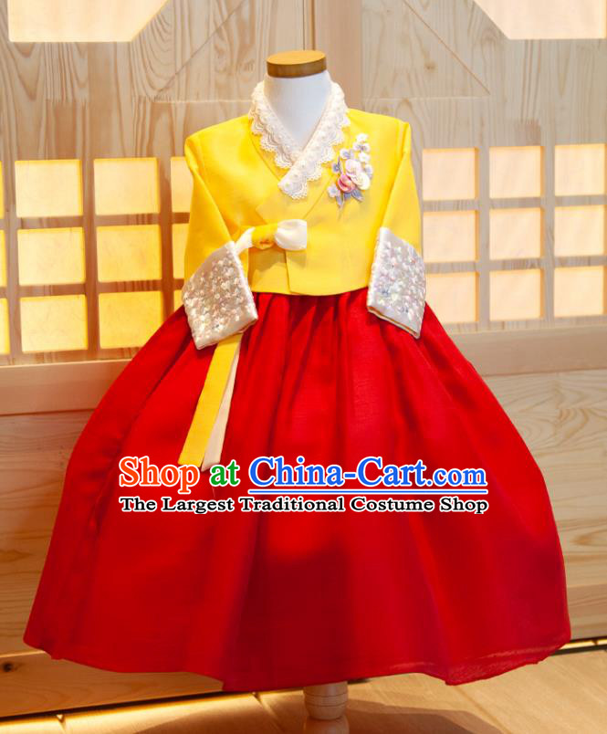 Korea Traditional Garment Costumes Girl Princess Hanbok Clothing Korean Children Festival Fashion Yellow Shirt and Red Dress