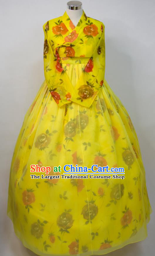 Korean Woman Fashion Printing Yellow Blouse and Dress Traditional Wedding Costumes Court Bride Hanbok Festival Ceremony Clothing