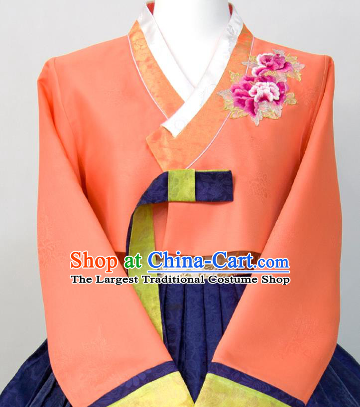 Korean Traditional Wedding Costumes Court Bride Hanbok Festival Ceremony Clothing Woman Fashion Embroidered Orange Blouse and Navy Dress