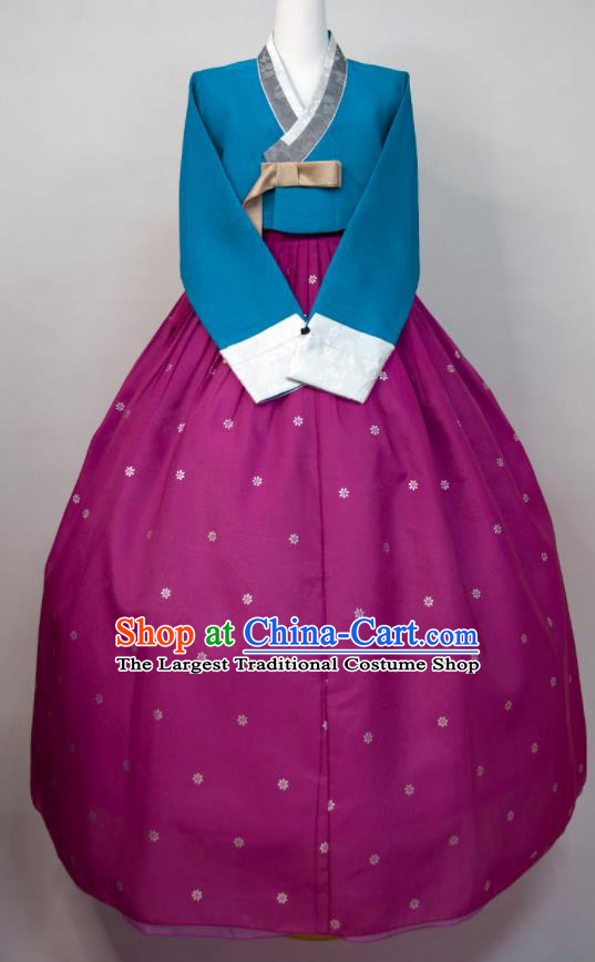 Korean Court Ceremony Hanbok Woman Fashion Blue Blouse and Purple Dress Wedding Bride Costumes Traditional Festival Clothing