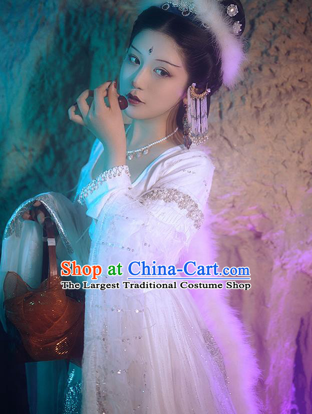 China Ancient Journey to the West Fox Fairy White Hanfu Dress Tang Dynasty Young Beauty Historical Garment Clothing