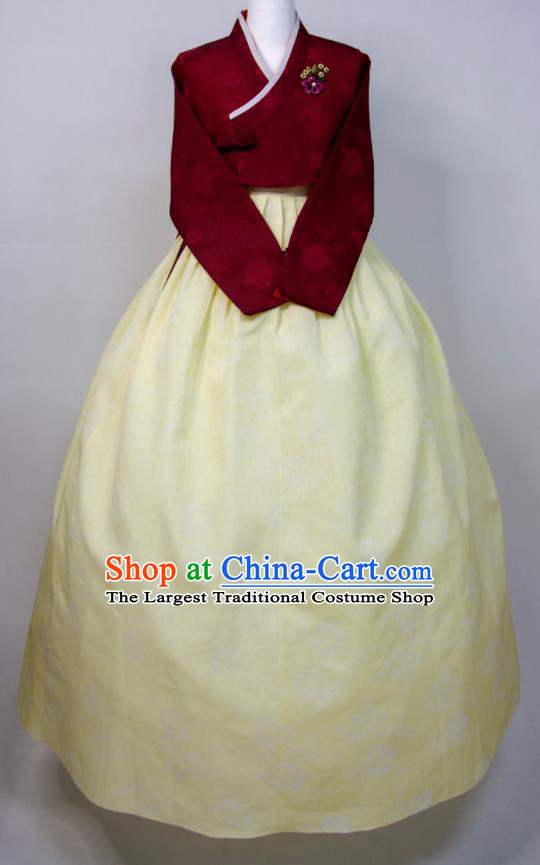 Korean Wedding Bride Fashion Costumes Traditional Festival Clothing Court Princess Hanbok Wine Red Blouse and Yellow Dress