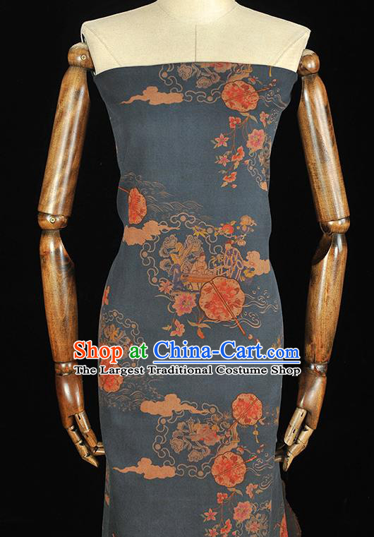 Chinese Cheongsam Silk Cloth Traditional Peony Fan Pattern DIY Fabric Blue Gambiered Guangdong Gauze