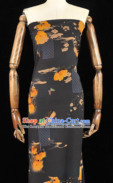 Chinese Black Gambiered Guangdong Gauze Traditional Cranes Pattern Dress Fabric DIY Cheongsam Silk Cloth