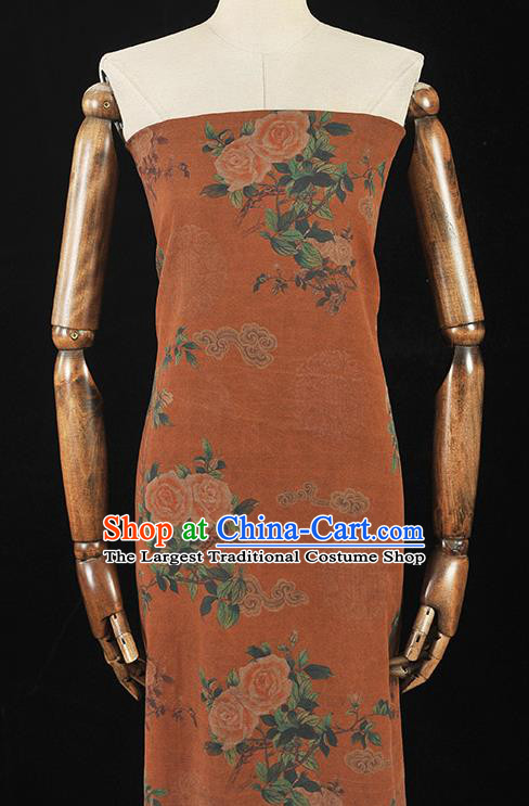 Top Chinese Cheongsam Silk Fabric Rust Red Gambiered Guangdong Gauze Traditional Roses Pattern Dress Cloth