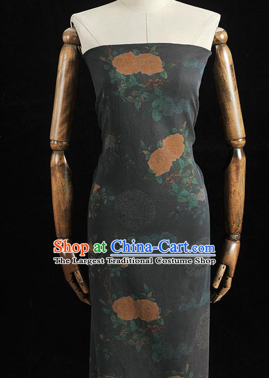 Top Chinese Traditional Roses Pattern Dress Cloth Cheongsam Silk Fabric Navy Gambiered Guangdong Gauze