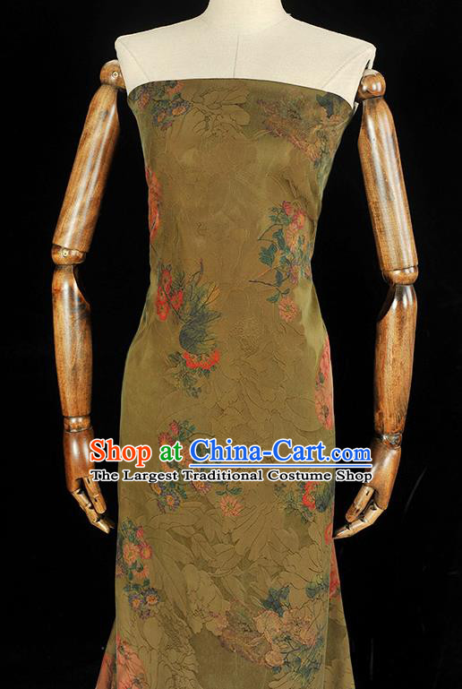 Top Chinese Cheongsam Classical Daisy Pattern Silk Fabric Olive Green Gambiered Guangdong Gauze Traditional Jacquard Brocade Cloth