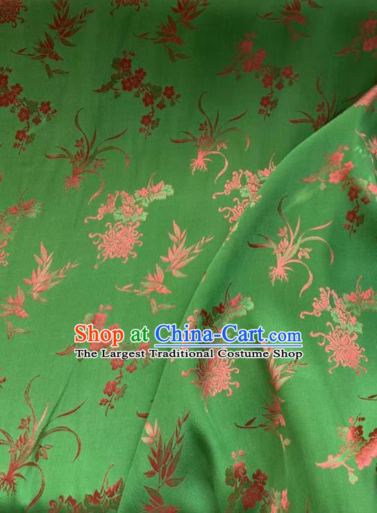 Chinese Green Tapestry Material Traditional Qipao Dress Drapery Silk Fabric Classical Plum Orchids Bamboo Chrysanthemum Pattern Brocade Cloth