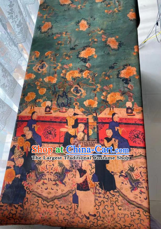 Chinese Silk Fabric Classical Qing Dynasty Pattern Brocade Cloth Green Gambiered Guangdong Gauze Material Traditional Qipao Dress Drapery