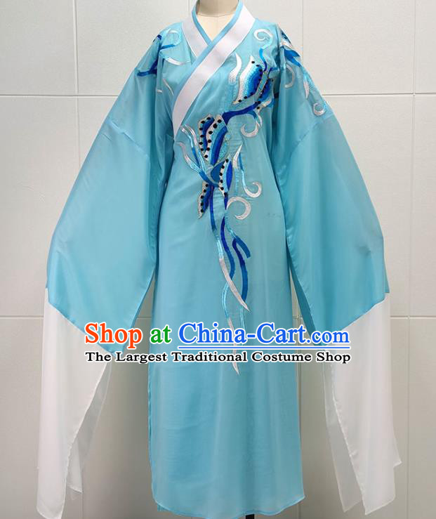 China Peking Opera Xiaosheng Blue Robe Garments Traditional Beijing Opera Young Man Scholar Liang Shanbo Clothing