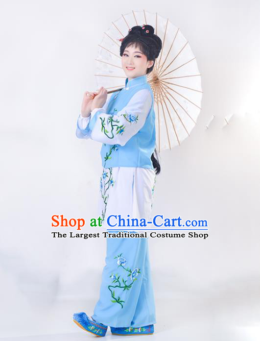 Chinese Shaoxing Opera Young Lady Blue Outfits Beijing Opera Clothing Traditional Peking Opera Servant Girl Dress Garment