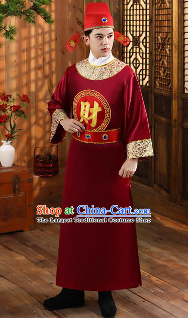 Chinese Ancient God of Wealth Clothing Traditional Cosplay Garment Wine Red Official Robe and Hat