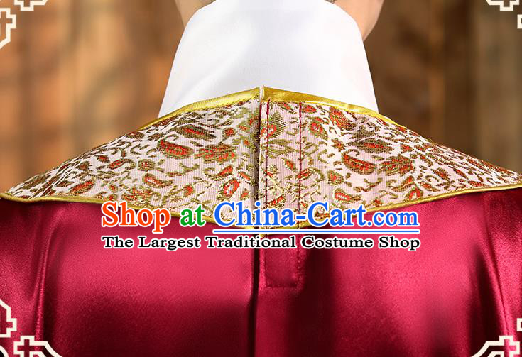 Chinese Ancient God of Wealth Clothing Traditional Cosplay Garment Wine Red Official Robe and Hat