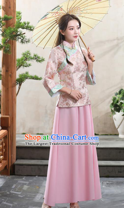 Republic of China Young Woman Clothing Traditional Tang Suit Pink Blouse and Skirt