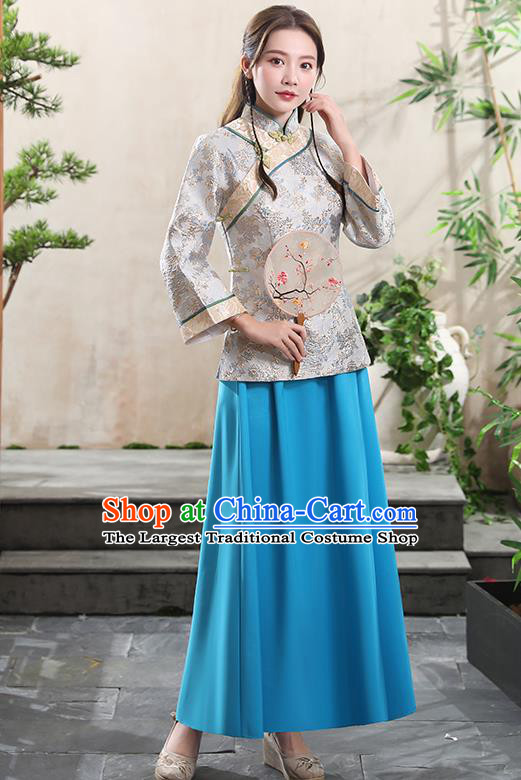 Republic of China Traditional Tang Suit Argent Blouse and Blue Skirt Young Woman Clothing
