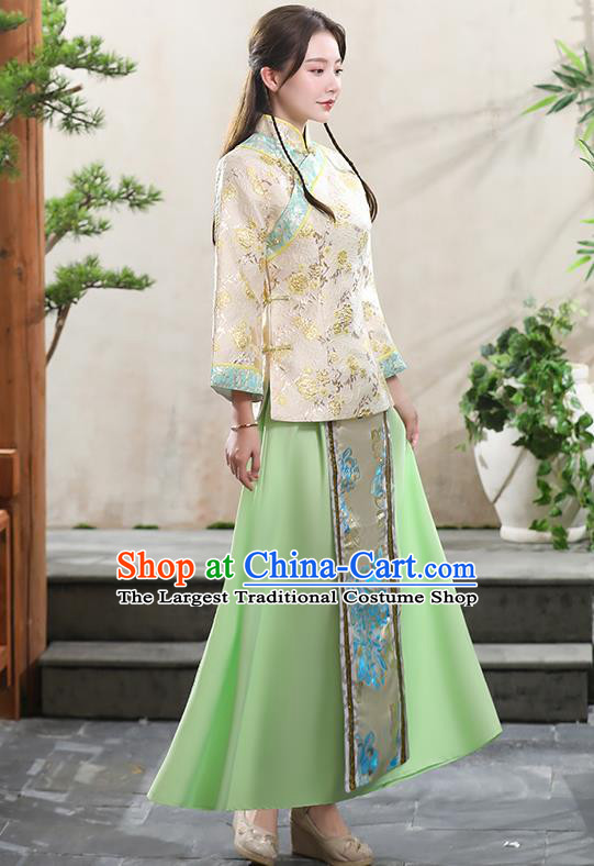 Republic of China Young Woman Beige Blouse and Green Skirt Clothing Traditional Tang Suits Costume