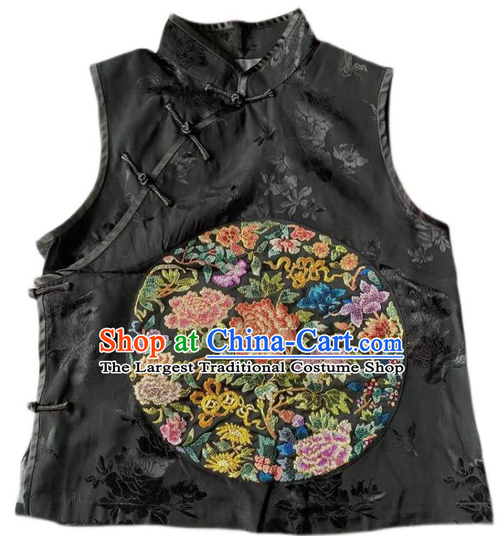 China Tang Suit Embroidered Vest National Upper Outer Garment Traditional Black Silk Waistcoat Clothing