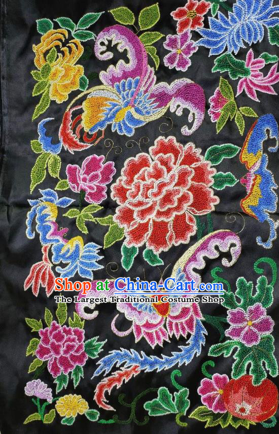 Chinese Traditional Embroidered Black Silk Cloth Hand Embroidery Butterfly Peony Applique Craft