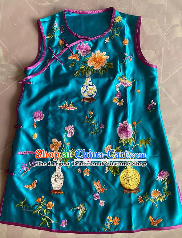 China Tang Suit Upper Outer Garment Traditional Blue Silk Waistcoat National Embroidered Flowers Vest