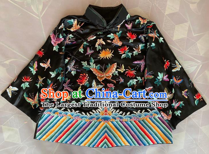 China Traditional Black Silk Coat National Embroidered Flowers Butterfly Jacket Tang Suit Outer Garment