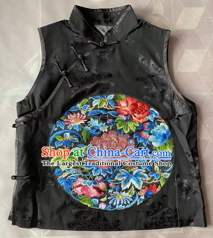 China Traditional Black Silk Waistcoat Clothing Tang Suit Embroidered Peony Vest National Upper Outer Garment