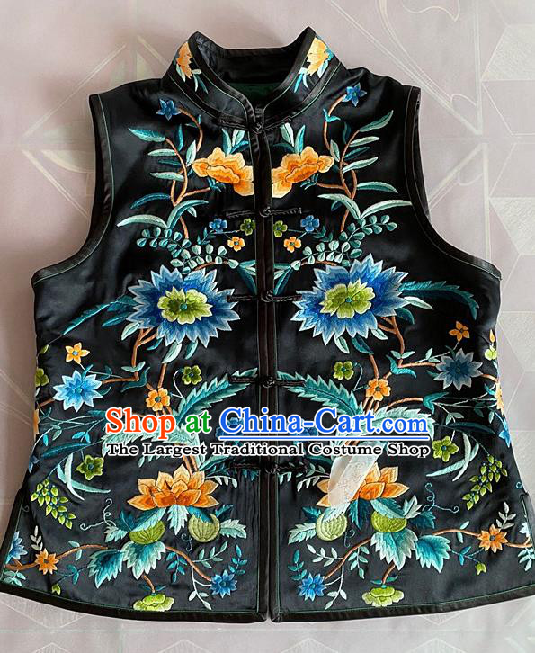 China Tang Suit Upper Outer Garment Traditional Black Silk Vest National Embroidered Flowers Waistcoat