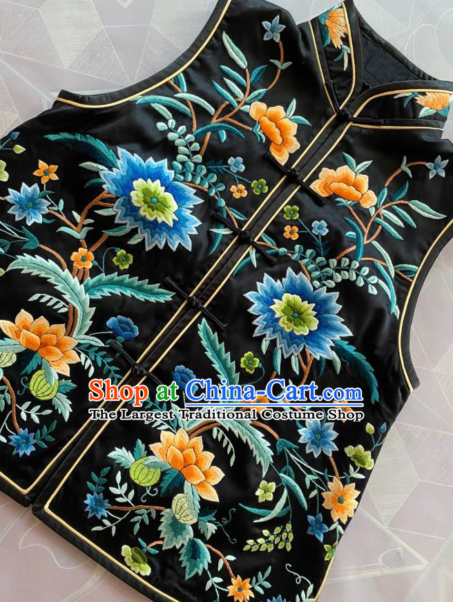 China Tang Suit Upper Outer Garment Traditional Black Silk Vest National Embroidered Flowers Waistcoat
