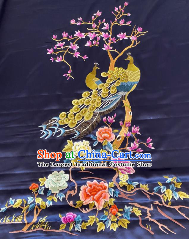 Chinese Hand Embroidery Navy Silk Applique Craft Traditional Embroidered Peacock Mangnolia Cloth