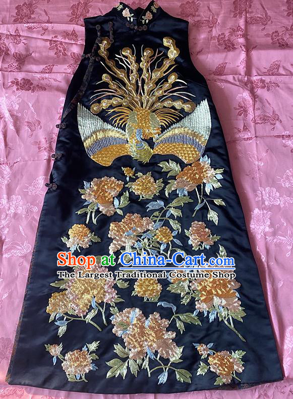 China Tang Suit Embroidery Phoenix Peony Qipao Dress Traditional Navy Silk Cheongsam National Embroidered Clothing