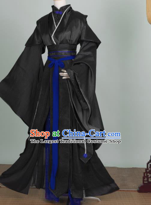 Chinese Traditional Drama Cosplay Swordsman Gu Yun Garment Costumes Ancient Royal King Black Hanfu Clothing