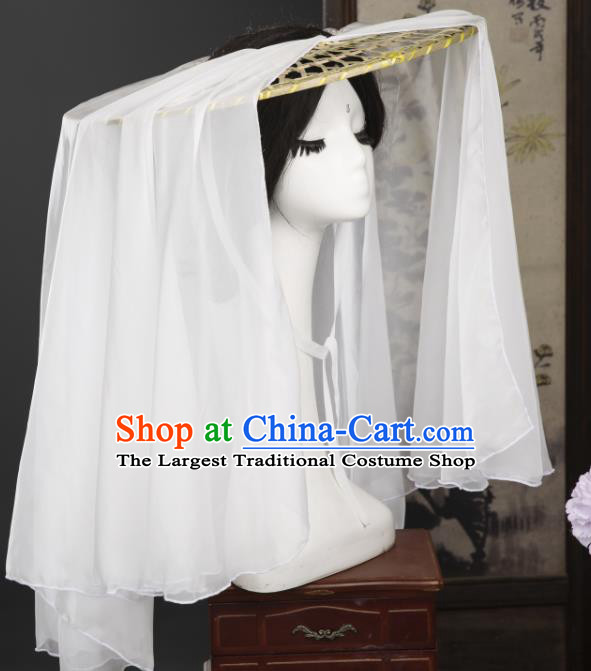 China Traditional Ming Dynasty Princess Bamboo Hat Ancient Swordswoman White Veil Headwear