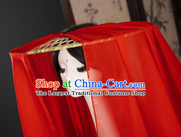 China Traditional Ming Dynasty Swordswoman Red Veil Headwear Ancient Princess Bamboo Hat