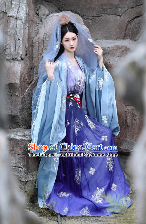 China Traditional Tang Dynasty Palace Beauty Historical Clothing Ancient Princess Blue Hanfu Dress Garments Complete Set