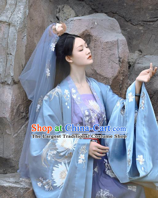 China Traditional Tang Dynasty Palace Beauty Historical Clothing Ancient Princess Blue Hanfu Dress Garments Complete Set