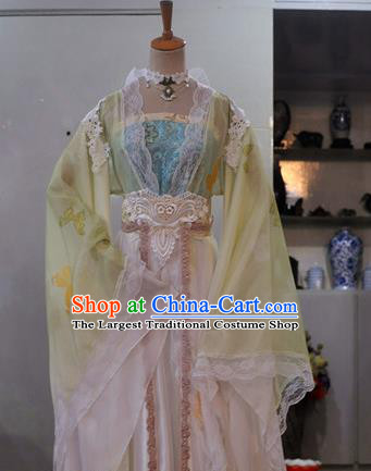 China Traditional Cosplay Tang Dynasty Princess Clothing Ancient Goddess Yellow Hanfu Dress