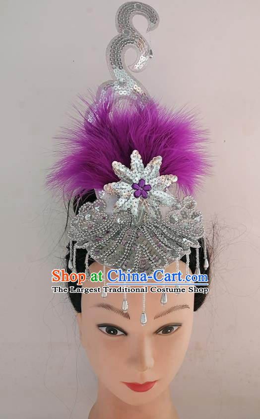 China Folk Dance Headwear Traditional Yangko Dance Argent Tassel Hair Crown Woman Group Fan Dance Purple Feather Hair Accessories