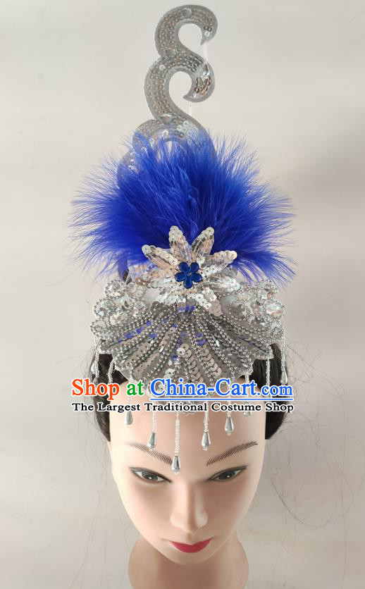 China Folk Dance Sequins Headwear Traditional Yangko Dance Royalblue Feather Hair Crown Woman Fan Dance Hair Accessories