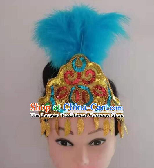 Chinese Folk Dance Hair Clasp Traditional Uyghur Nationality Dance Headpieces Xinjiang Ethnic Blue Feather Hair Crown